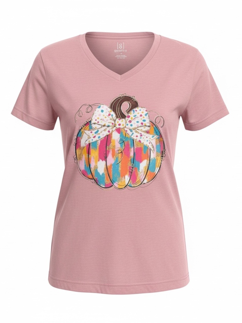 Dusty Pink V-Neck Pumpkin Bow Graphic Tee